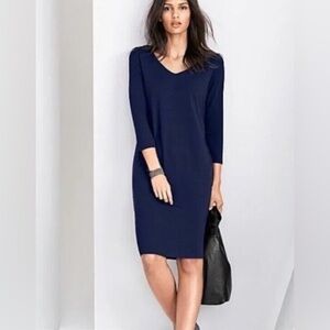 Eileen Fisher Stretch Jersey Tunic Dress Navy Blue V Neckline Comfy Size Large